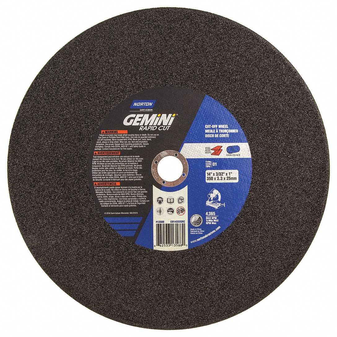 NORTON 14 in, Type 1 Aluminum Oxide Abrasive CutOff Wheel, 1 in Arbor
