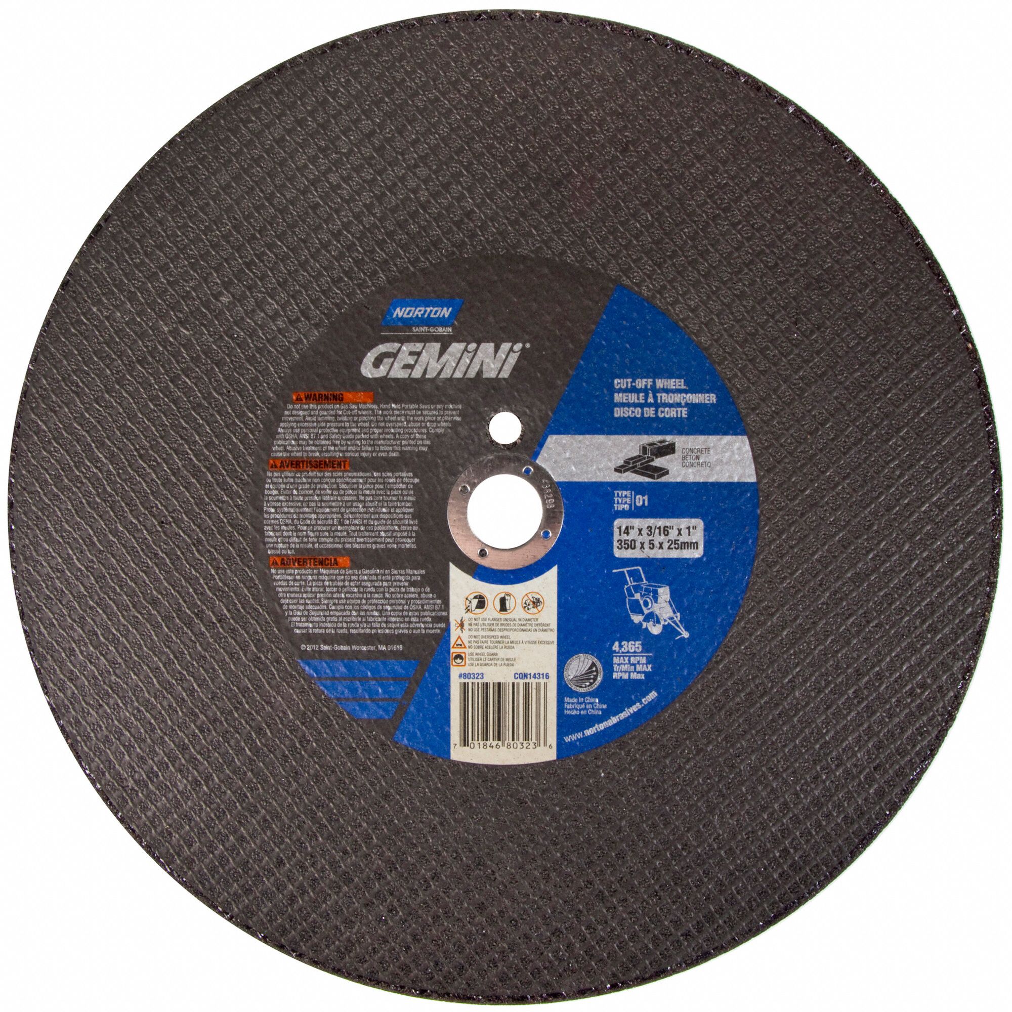 NORTON 14 in, Type 1 Silicon Carbide Abrasive CutOff Wheel, 1 in Arbor