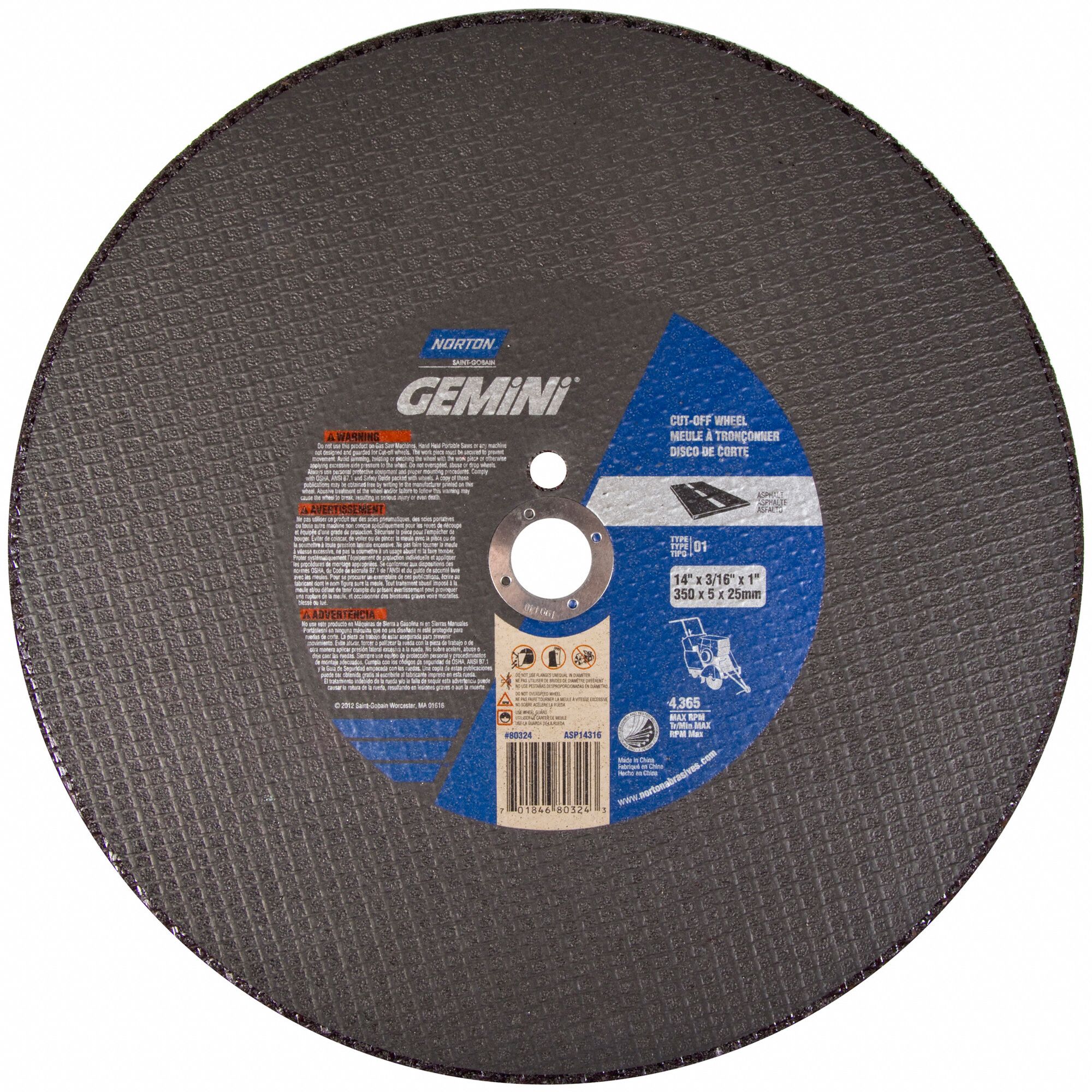 NORTON 14 in, Type 1 Silicon Carbide Abrasive CutOff Wheel, 1 in Arbor