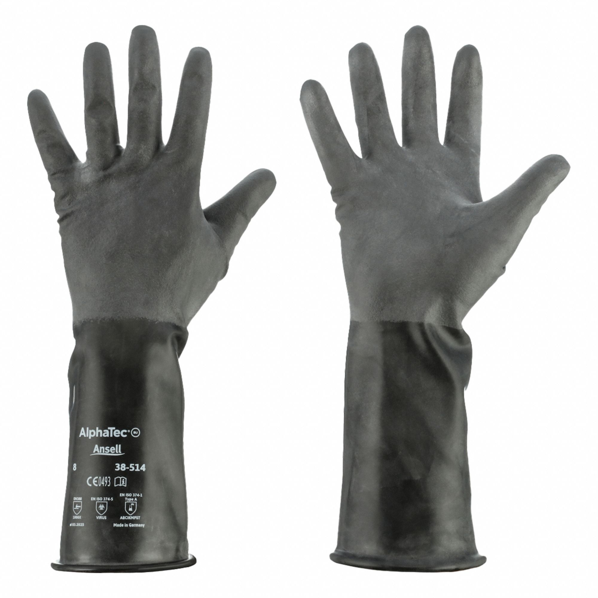 Chemical-Resistant Gloves: 38-514, ANSELL AlphaTec, 8 Glove Size, Gen Purpose, 14 in Glove Lg, 1 PR