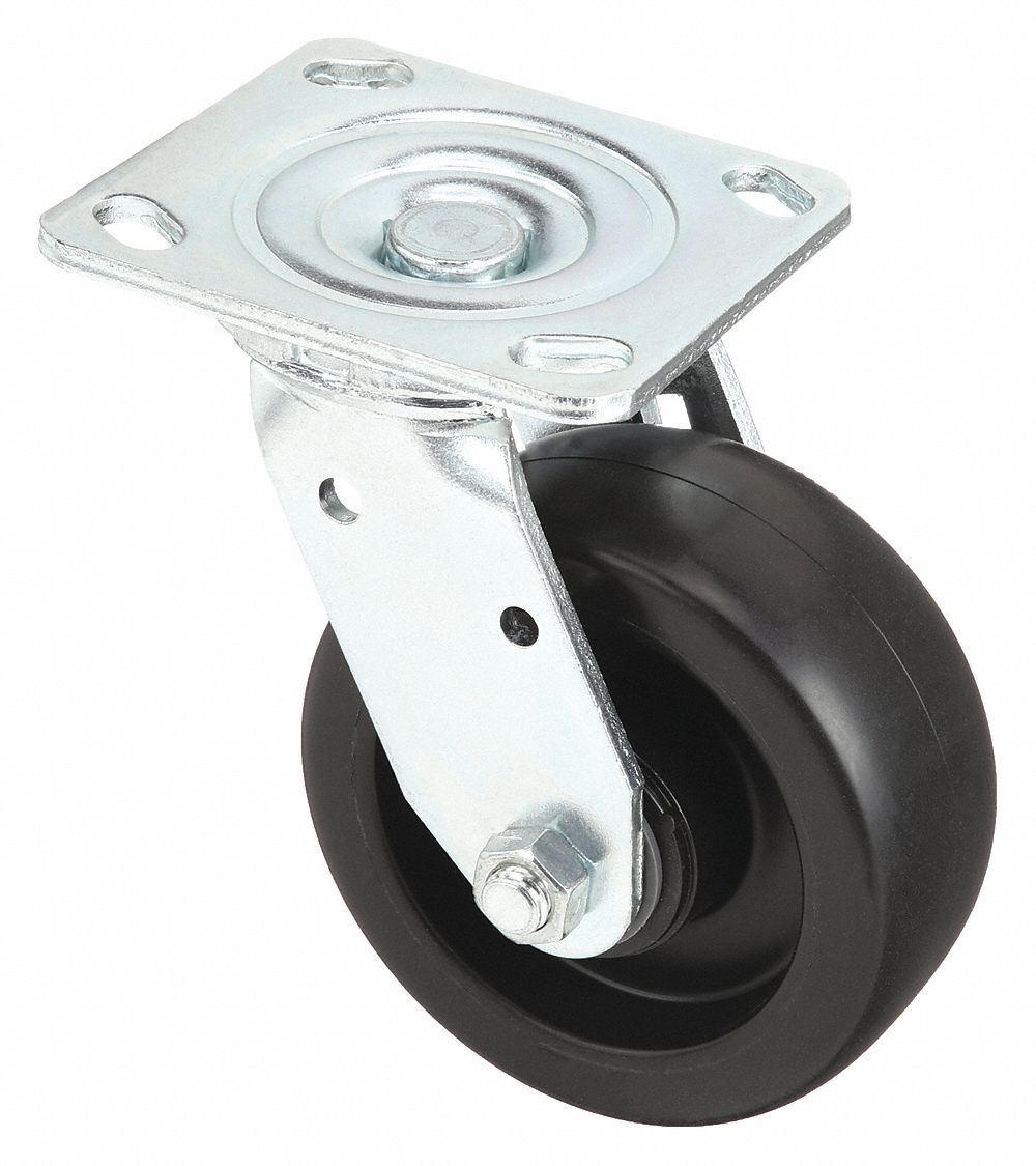 Plate Caster: Swivel, No Brake, Polypropylene, 5 in Wheel Dia, 2 in Wheel Wd, Slot
