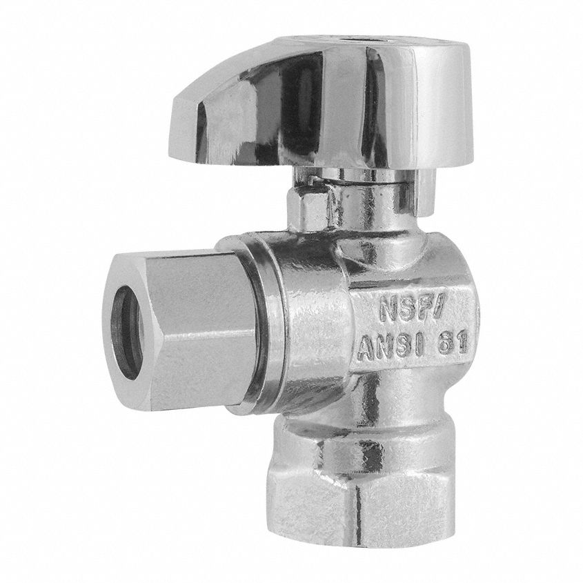 Water Supply Stop: 3/8 in Compression, 3/8 in, Chrome-Plated Brass, Angle Body