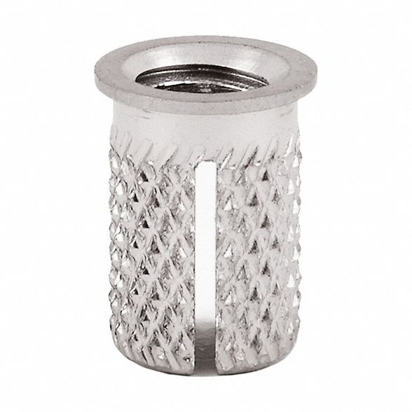 Press Insert: M4-0.70 Thread Size, 7.9502 mm Overall Lg, 5.842 mm Dia, Stainless Steel, Plain, 5 PK