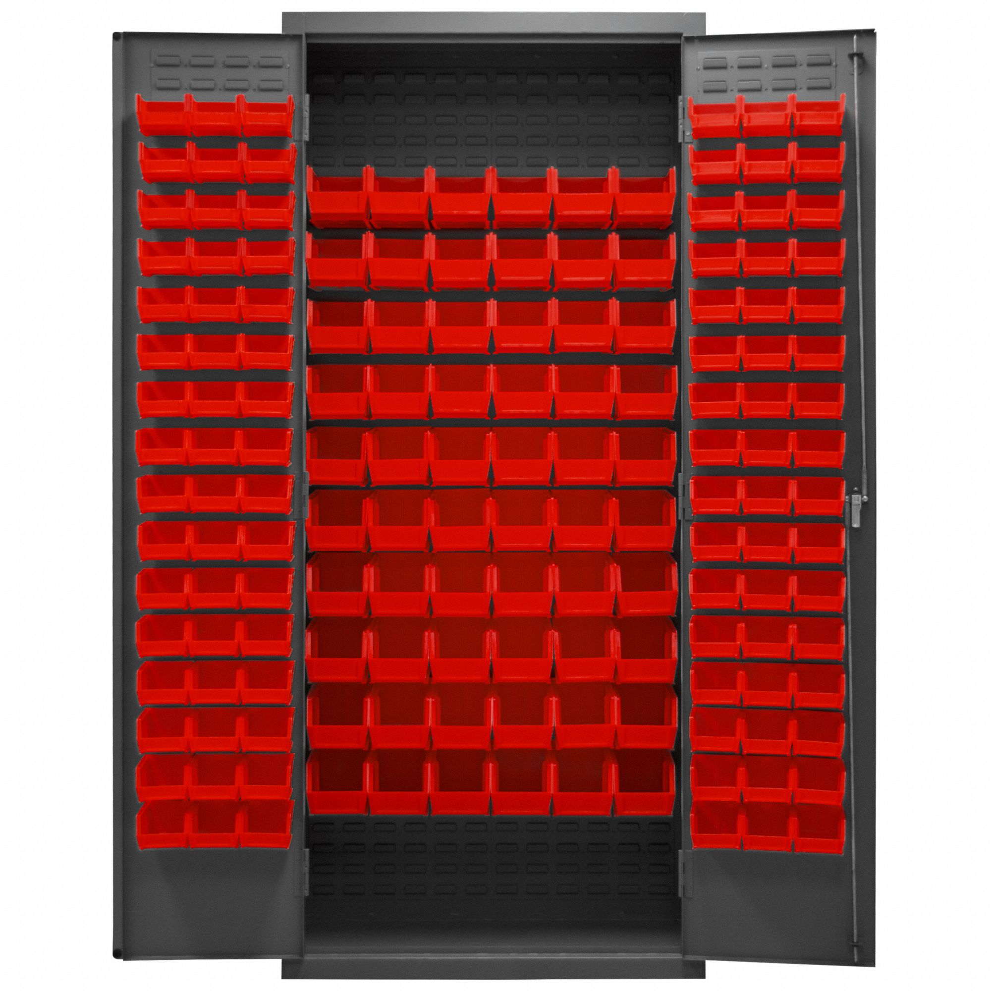 Bin Cabinet: 36 in x 18 in 84 in, 0 Shelves, 156 Bins, Red, Flush, 16 ga Panel, Gray