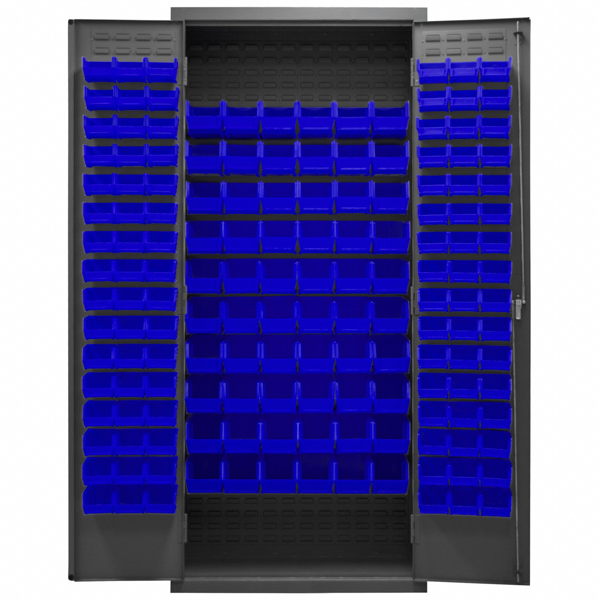 Bin Cabinet: 36 in x 18 in 84 in, 0 Shelves, 156 Bins, Blue, Flush, 16 ga Panel, Gray