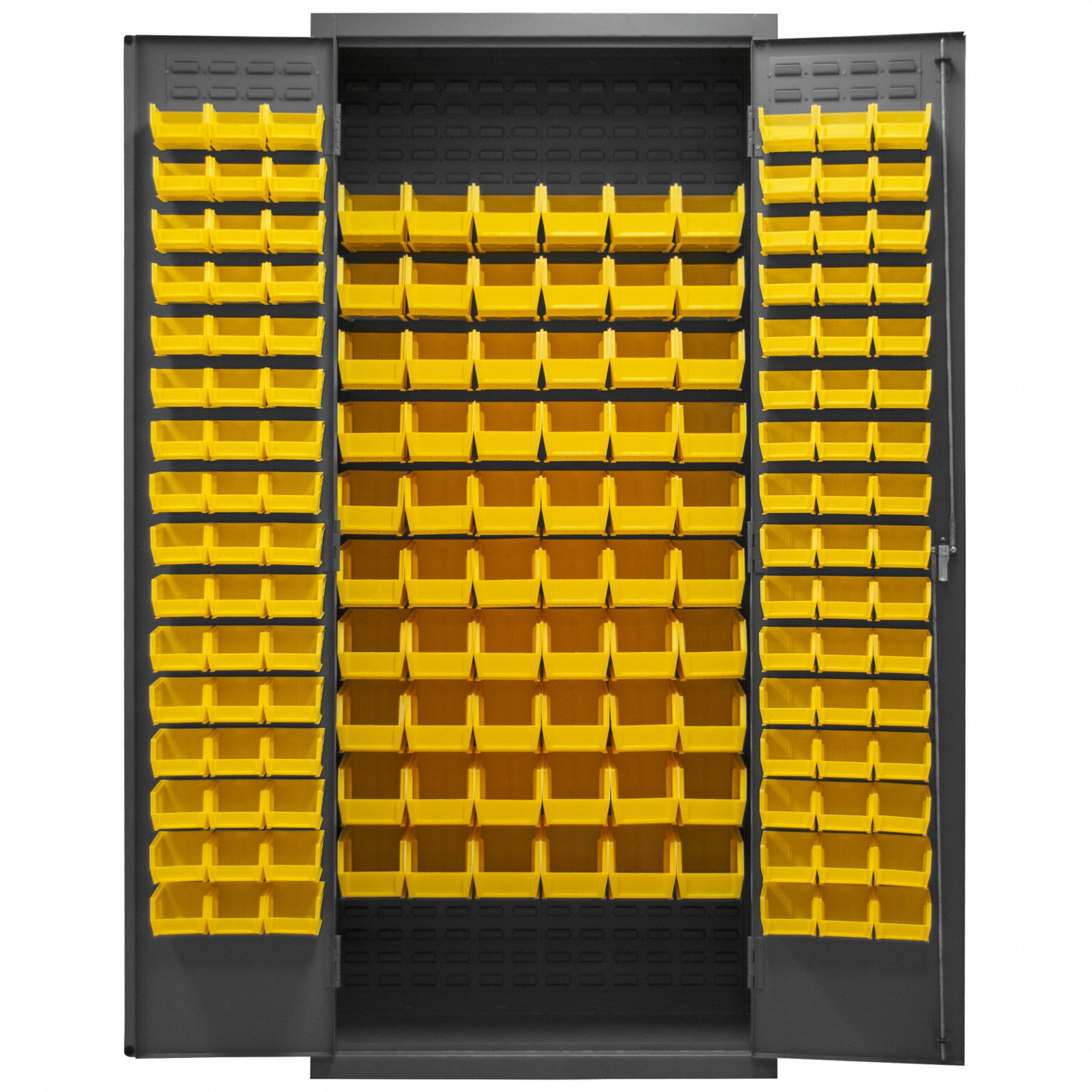 Bin Cabinet: 36 in x 18 in 84 in, 0 Shelves, 156 Bins, Yellow, Flush, 16 ga Panel, Gray
