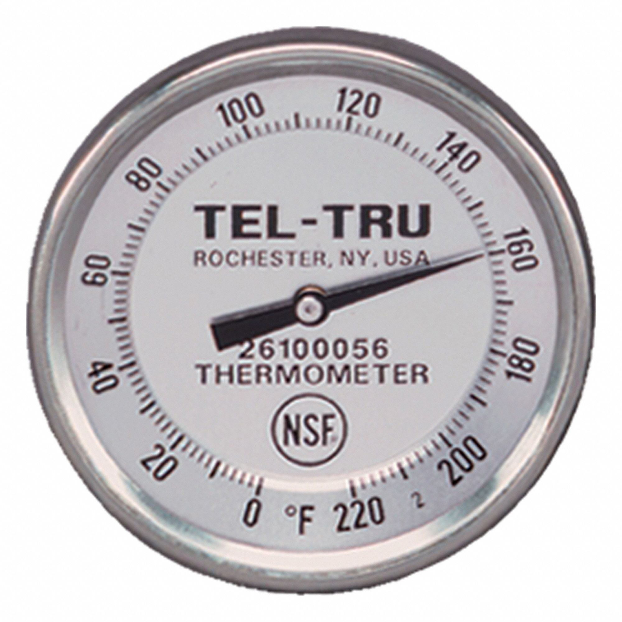 Dial Thermometer: 0°F to 220°F, +/-1% Accuracy, 5 in Stem Lg, 2 in Dial Dia, Fahrenheit