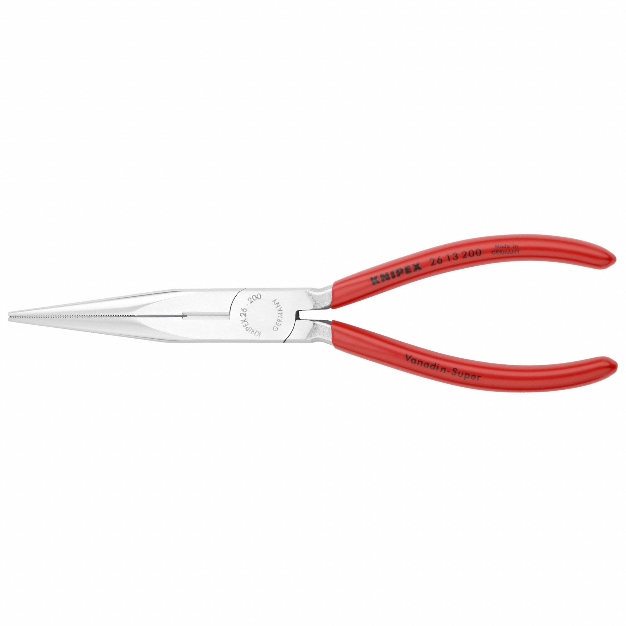 Long Nose Plier: 1 in Max Jaw Opening, 8 in Overall Lg, 3 in Jaw Lg, 1/8 in  Tip Wd, Serrated, Cutter