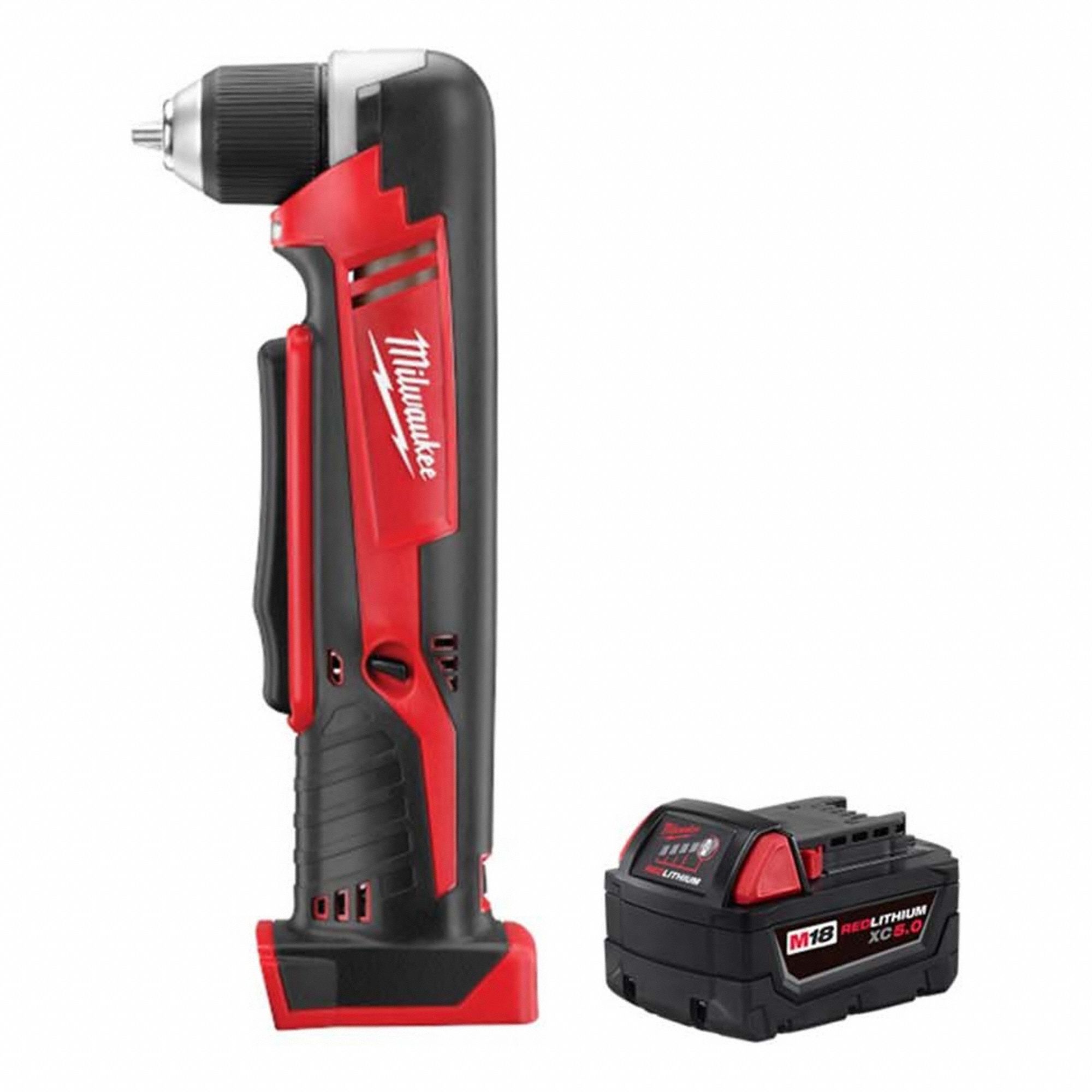 Right Angle Drill Kit: 1 Battery, No Charger, 1 Battery, No Charger, 3/8 in Chuck Size, Keyless