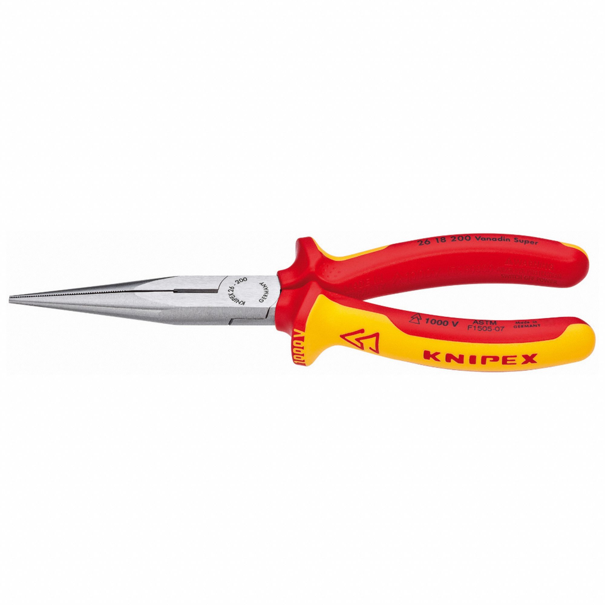 Long Nose Plier: Insulated, 1 in Max Jaw Opening, 8 in Overall Lg, 3 in Jaw Lg, 1/8 in Tip Wd
