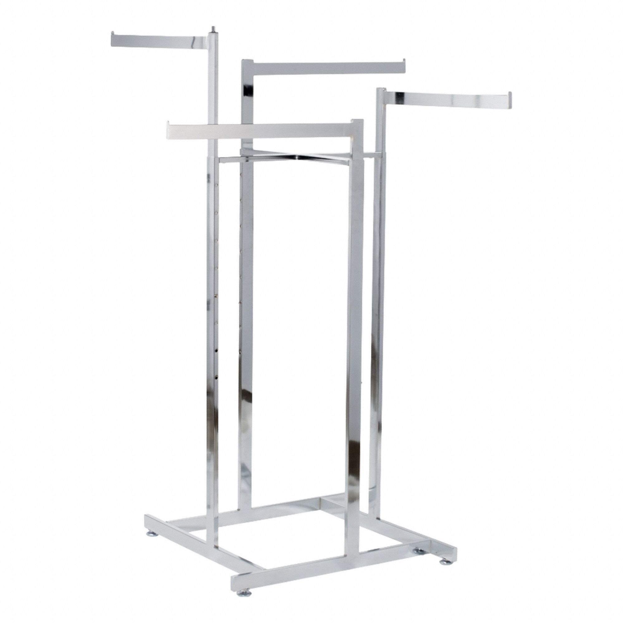Retail Apparel Rack: 4-Way, 72 in Overall Ht, 25 1/2 in Overall Lg, 25 1/2 in Overall Dp, Silver