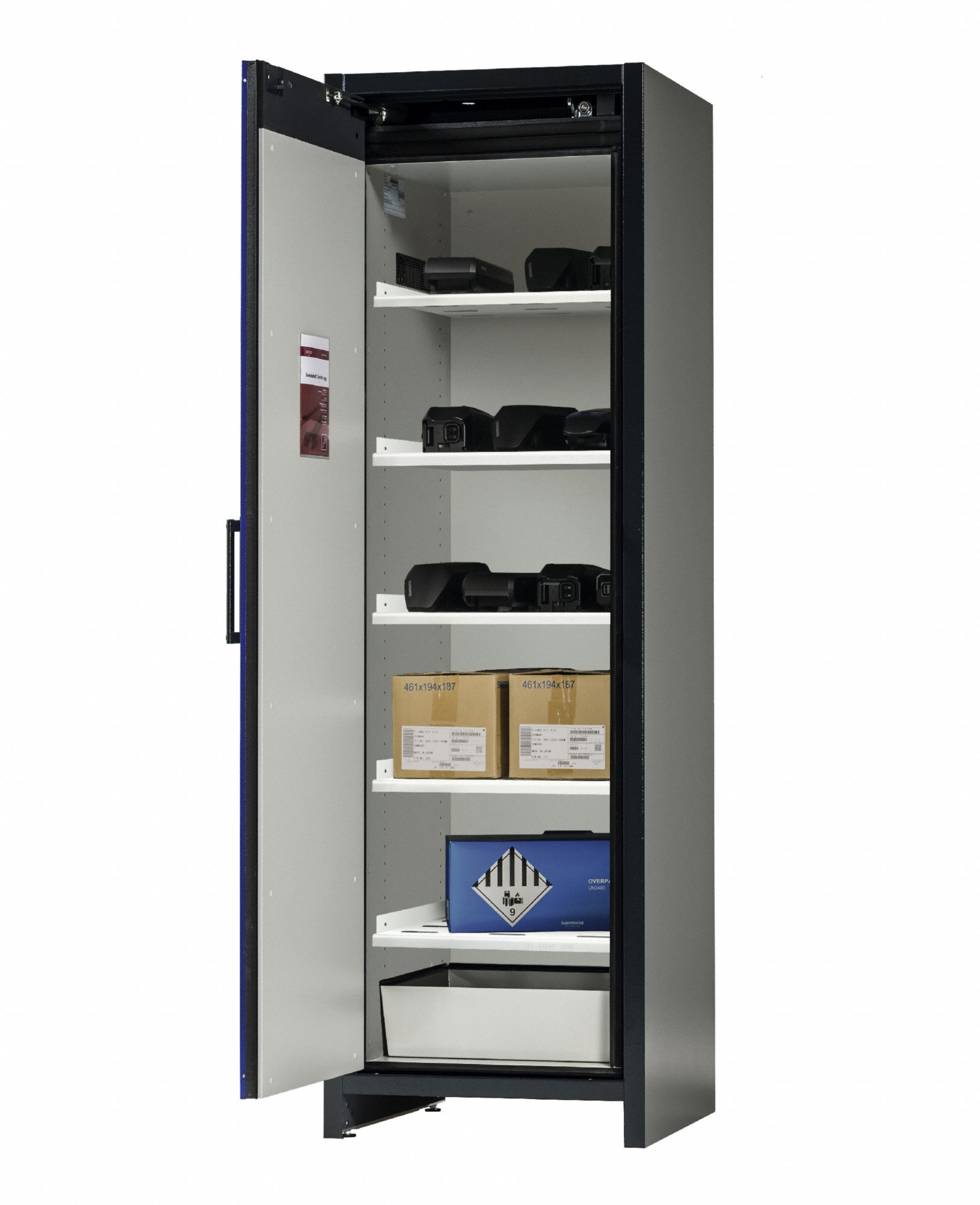 Battery Storage Cabinet: 24 3/16 in x 24 in x 77 in, Auto, 1 Doors, Lockable, 5 Shelves