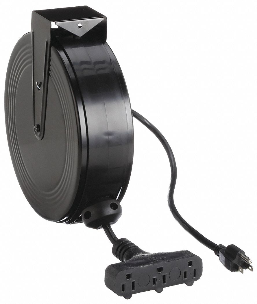 Cord Reel, 30 ft, 14/3, SJTW, Black, 120VAC