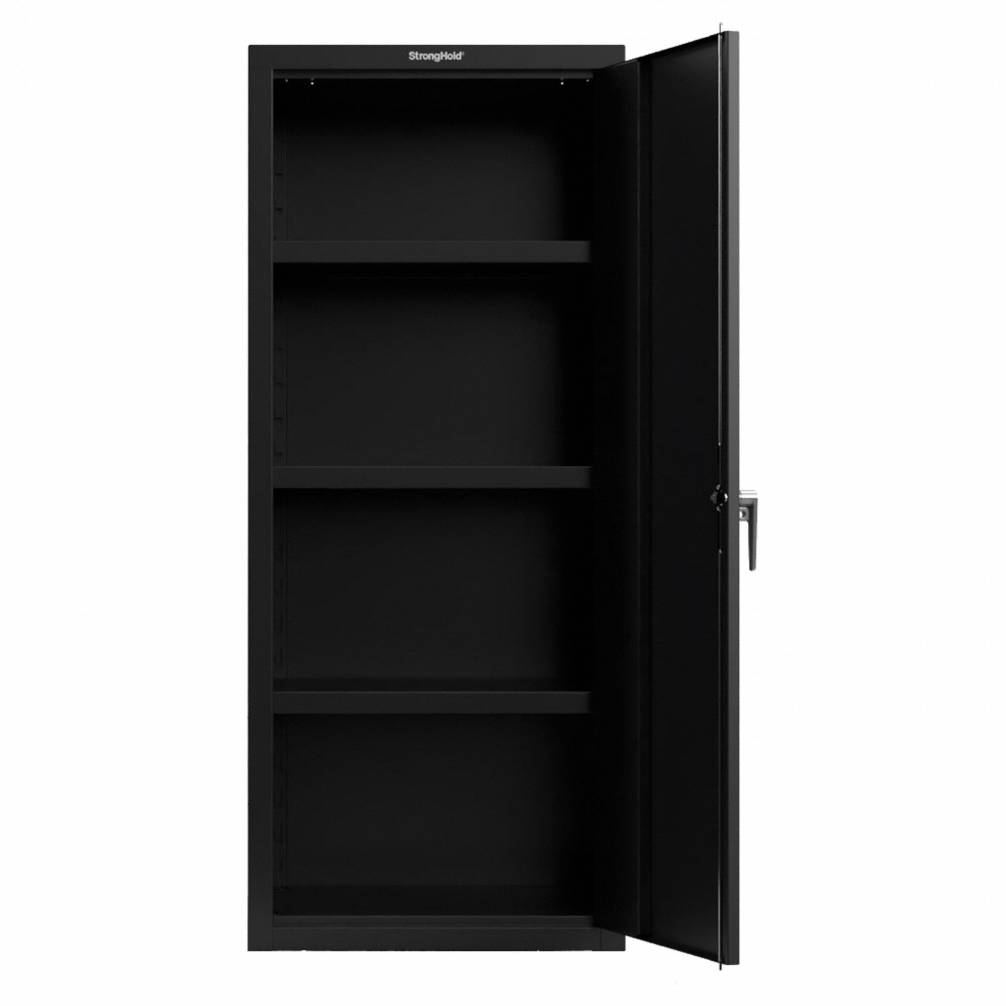 Cabinet: 30 in x 24 in x 72 in, Swing  Handle & Keyed Lock/Padlock Hasp, Shelves, Black