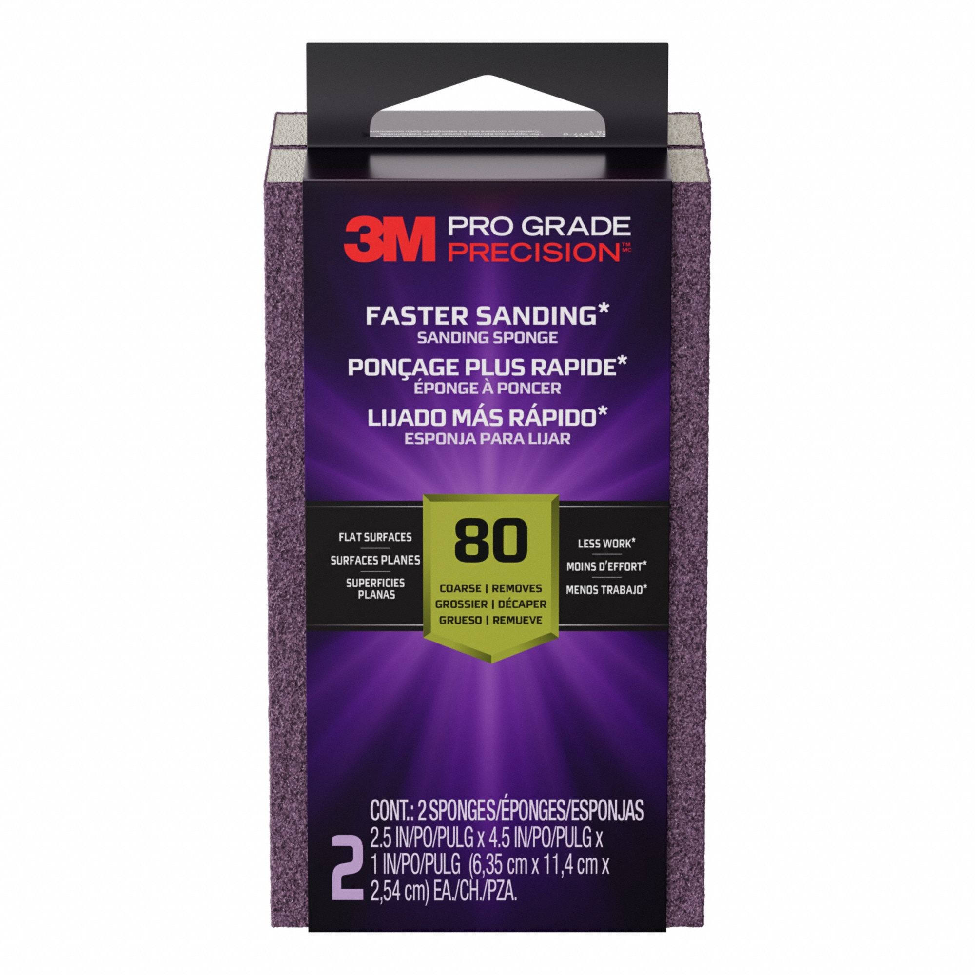 Sanding Sponge: 2 1/2 in W x 4 1/2 in L x 1 in T, Ceramic, Coarse, 80 Grit, Pro Grade Precision