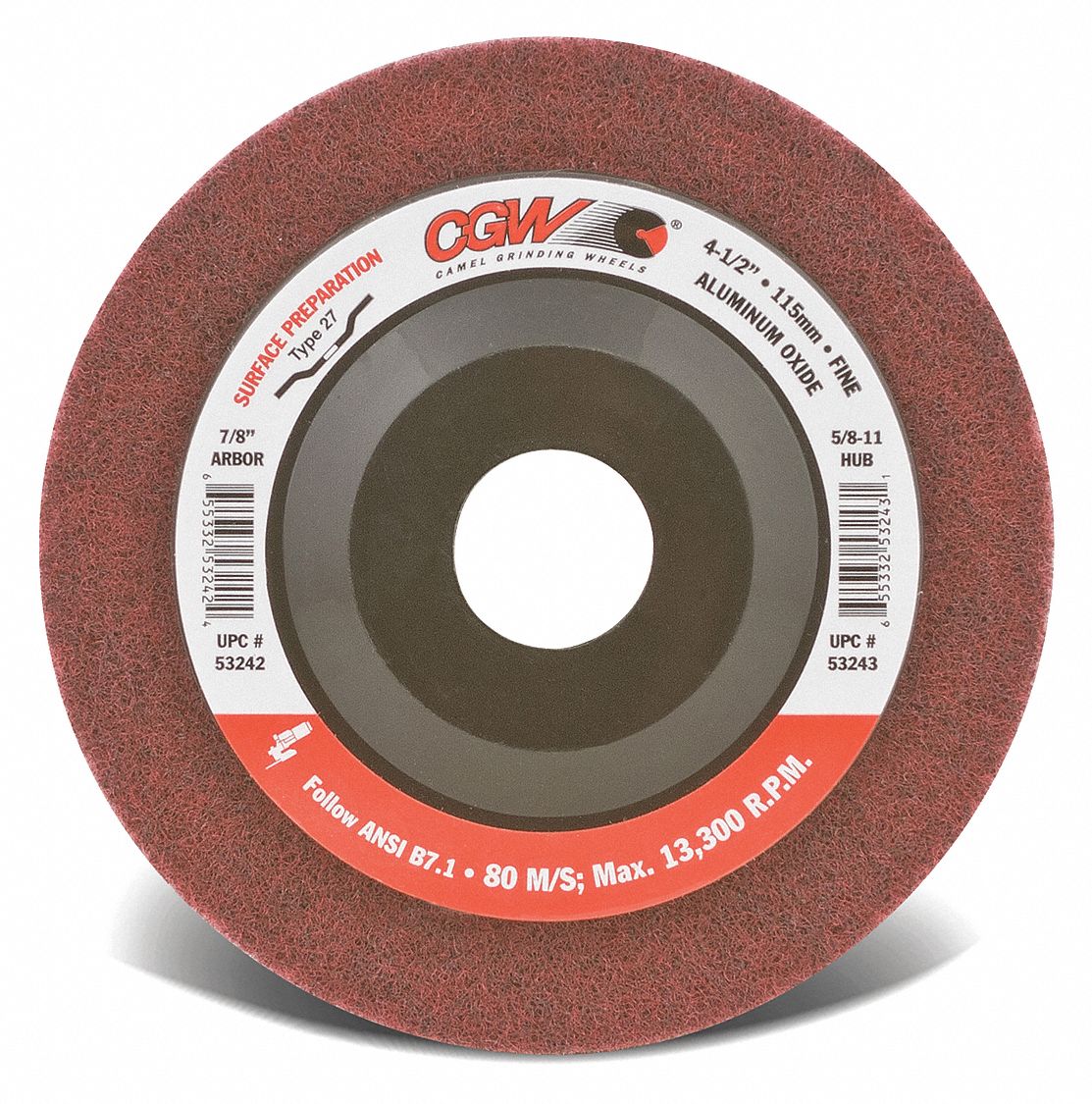 SURFACE PREP WHEEL, TYPE 27, 8,500 RPM, FINE GRADE, MAROON, 7 IN, 7/8 IN ARBOR, ALUMINUM OXIDE