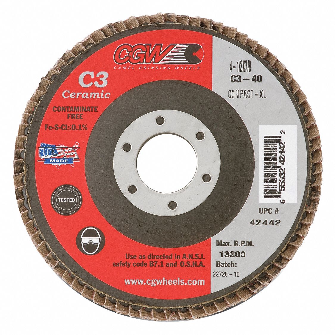 CGW ABRASIVES, Flap Disc,4.5x7/8,C3,Cmpct Cer,XL,36G 267U8342441