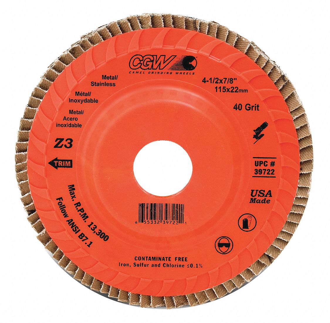 CGW ABRASIVES FLAP SANDING DISC, Z3, 4 ° ANG, COMPACT, 120 GRIT, 5 X 7/