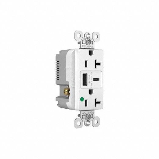 USB Receptacle: 5-20R, 20 A, 125V AC, White, A/C USB Connection Type