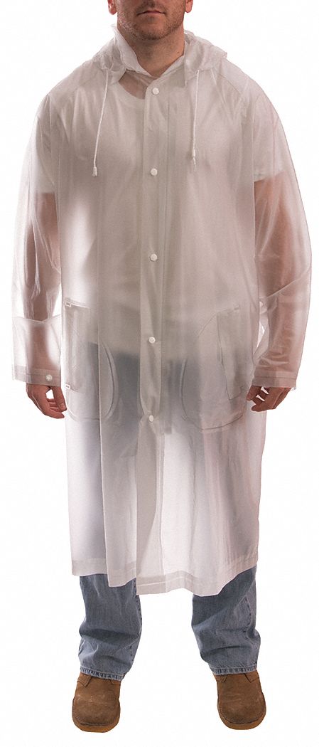 Rain Coat: Rain Coat, 2XL, Clear, Snaps with Storm Flap, Snap-On (Included) Hood, PVC