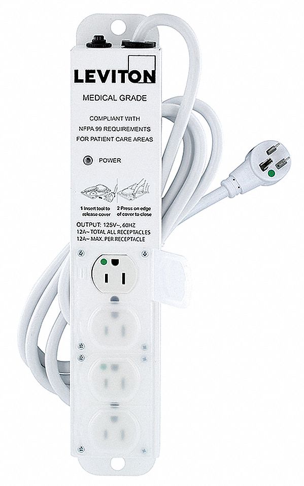 Outlet Strip: 4 Outlets, 7 ft Cord Lg, 15 A Max. Amps, NEMA 5-15P, Power Indicator, 13 in Lg