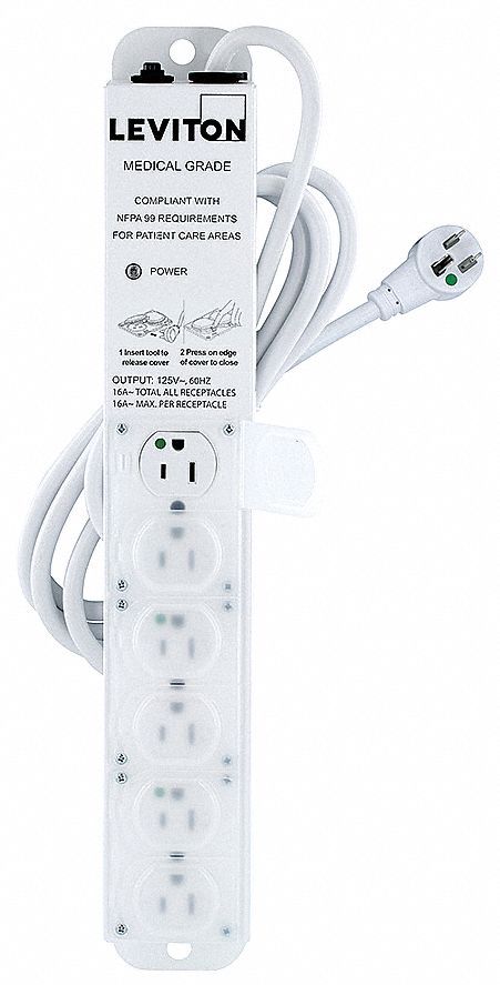Outlet Strip: 6 Outlets, 7 ft Cord Lg, 15 A Max. Amps, NEMA 5-15P, Power Indicator
