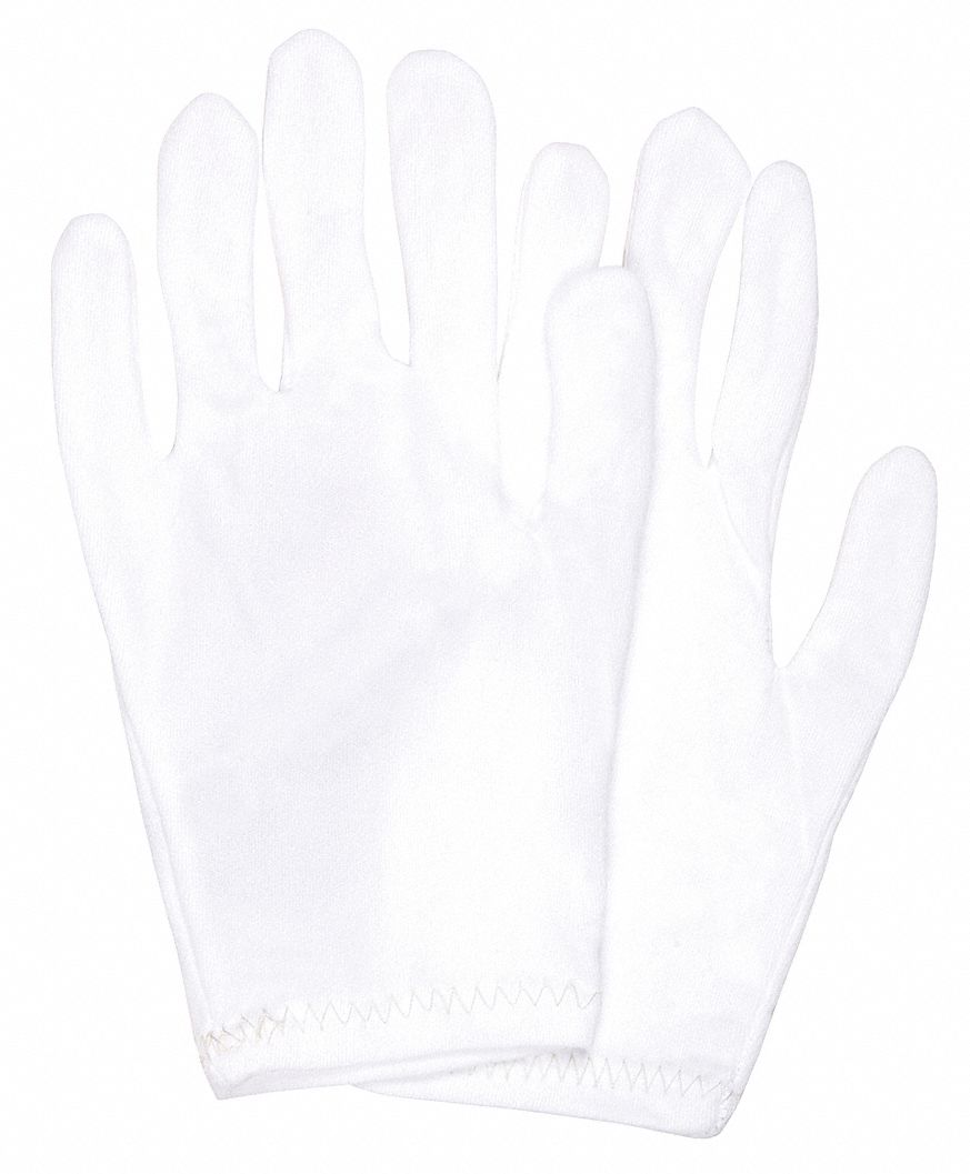 Inspection Gloves: Women's M ( 8 ), Finished Hem, Seamless Knit, Nylon, White, 12 PK