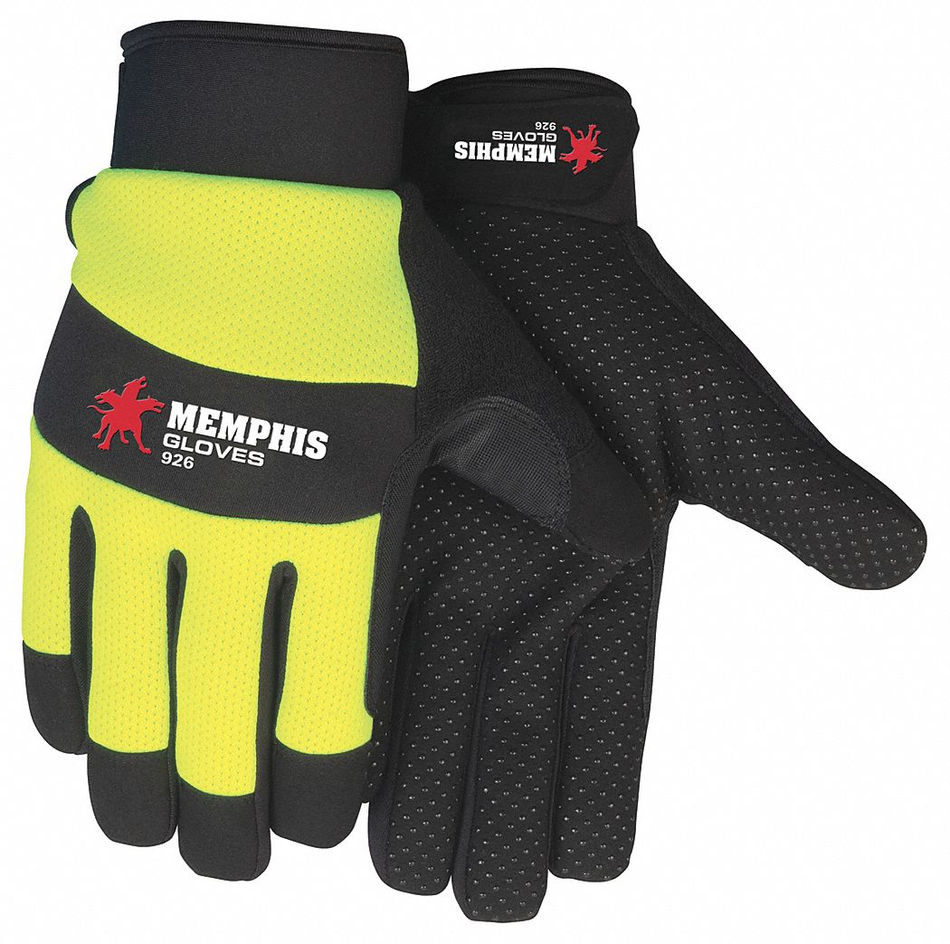 Mechanics Gloves: 2XL ( 11 ), Synthetic Leather with Silicone Grip, Hook-and-Loop Cuff