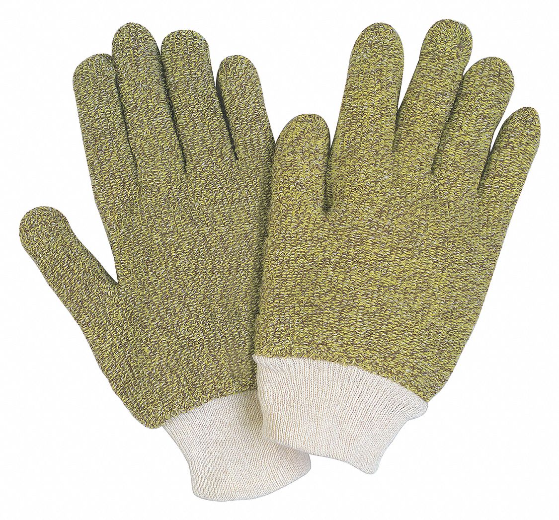 Knit Gloves: L ( 9 ), Glove Hand Protection, Uncoated, 500°F Max Temp, Knit Cuff, 12 PK