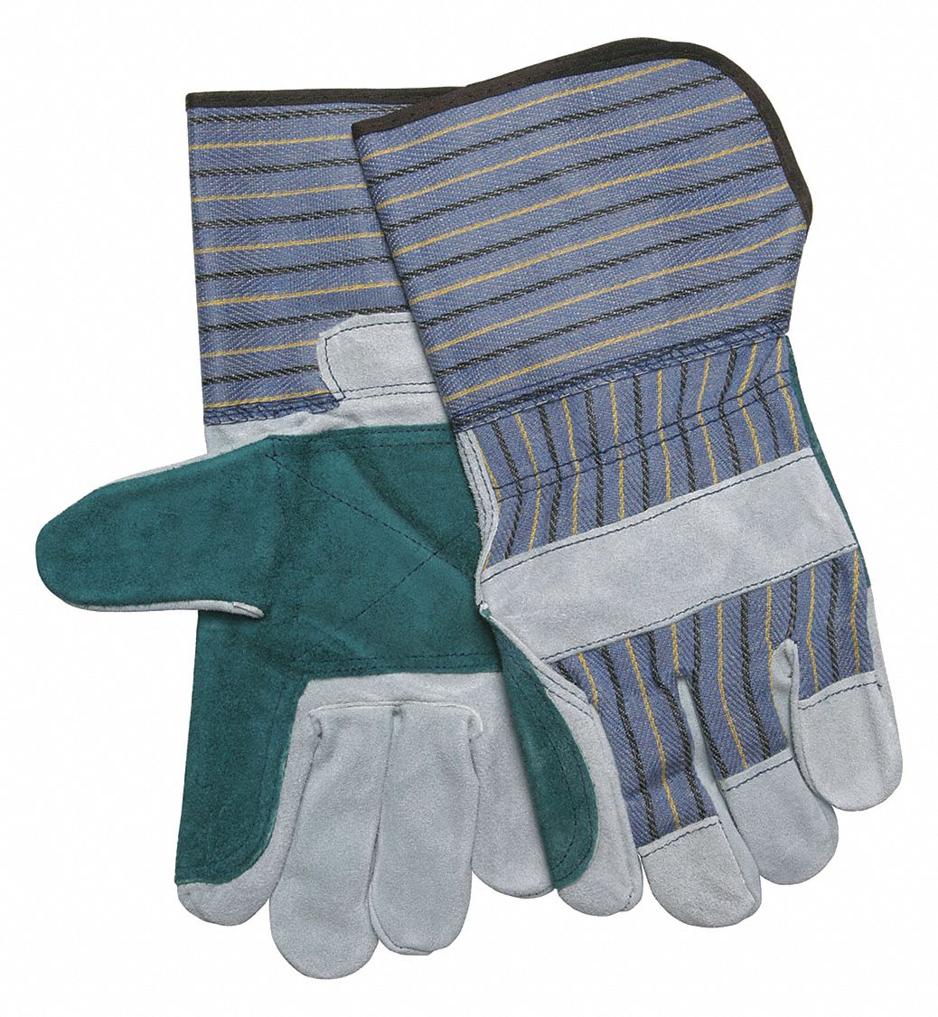 Leather Gloves: L ( 9 ), Double Palm, Cowhide, Premium, Glove, Full Finger, 12 PK