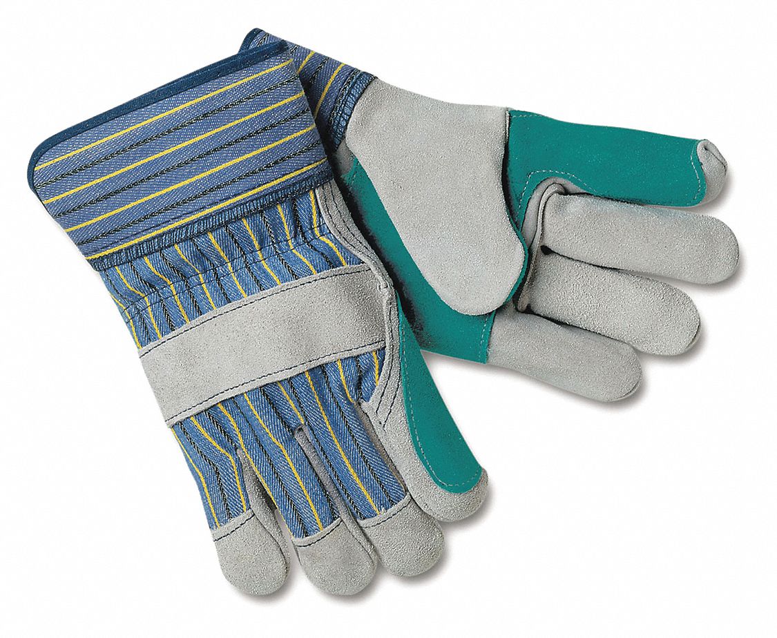 Leather Gloves: L ( 9 ), Double Palm, Cowhide, Premium, Glove, Full Finger, 12 PK