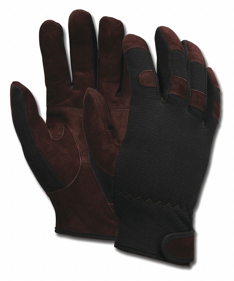 Mechanics Gloves: L ( 9 ), Mechanics Glove, Full Finger, Cowhide, Black/Brown, 12 PK