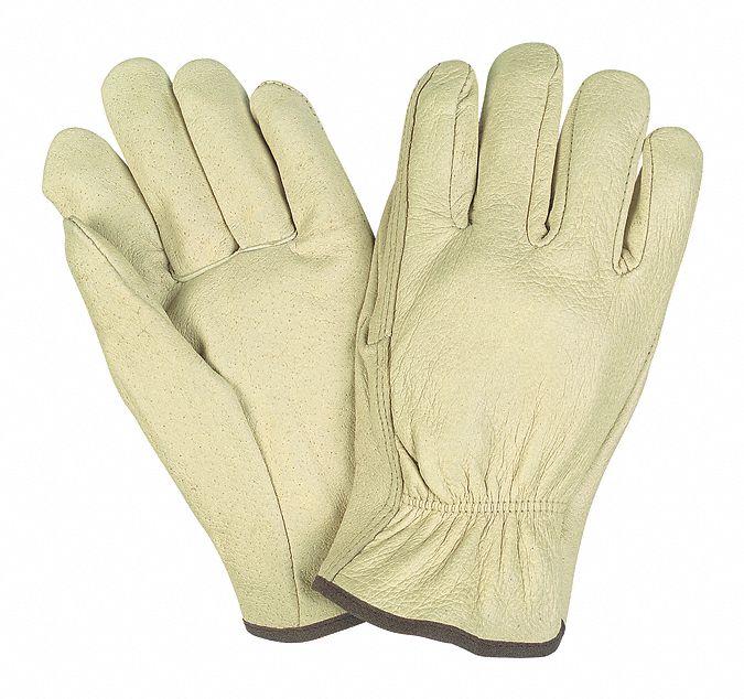 Leather Gloves: L ( 9 ), Pigskin, Std, Glove, Full Finger, Shirred Slip-On Cuff, 12 PK