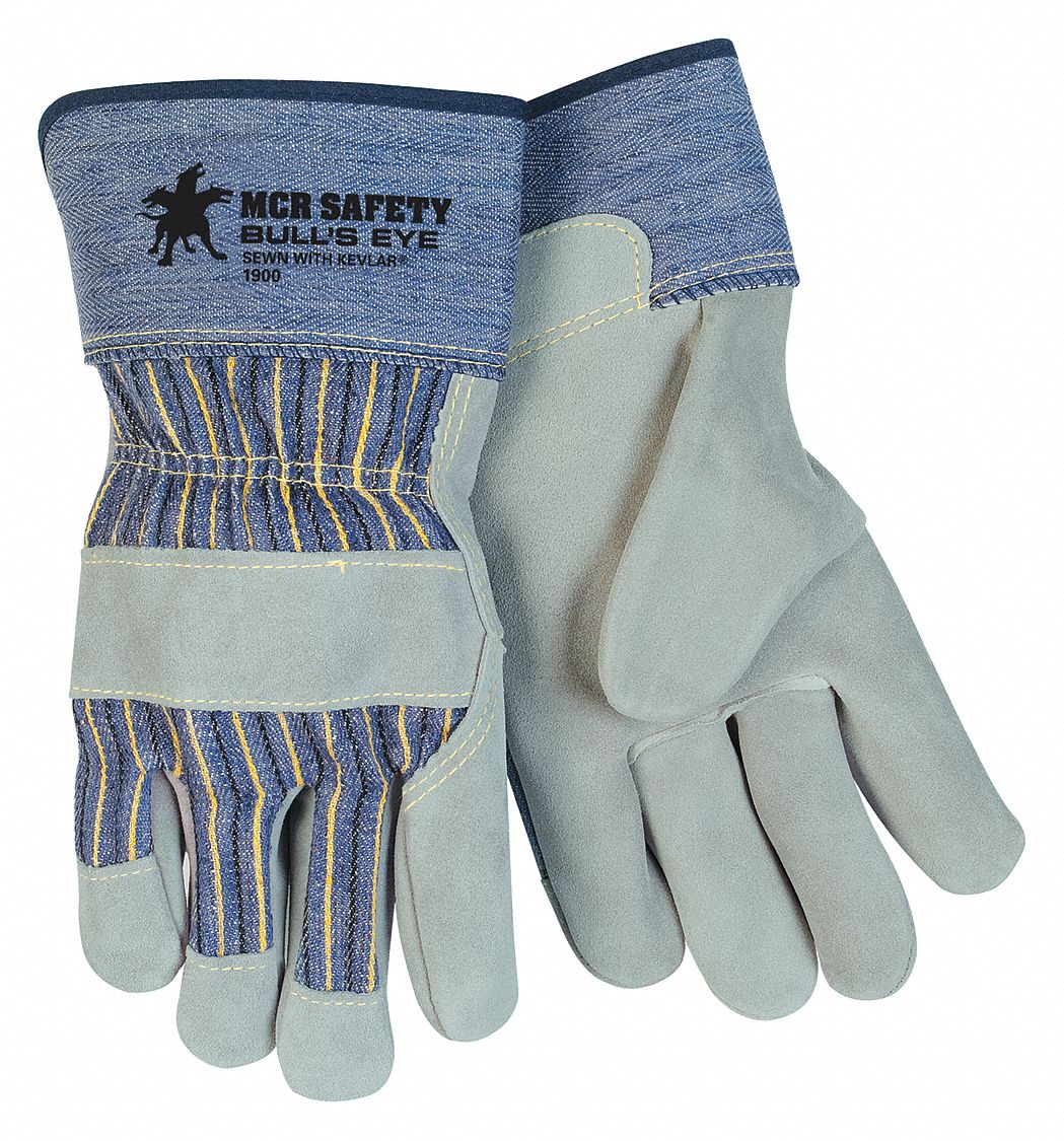 PREMIUM LEATHER SAFETY GLOVES, BLUE/GREY/YELLOW, L/9, WING THUMB