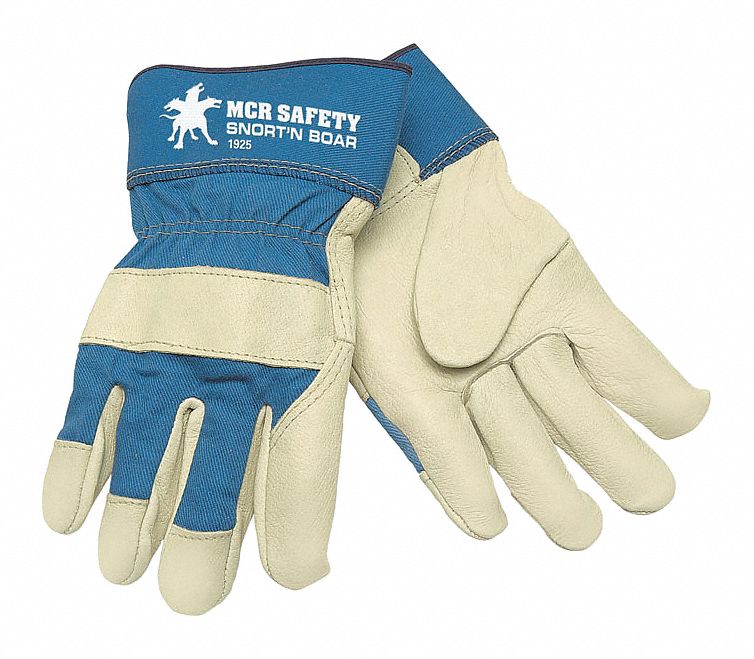 Leather Gloves: XL ( 10 ), Pigskin, Premium, Glove, Full Finger, Safety Cuff, Blue, 12 PK