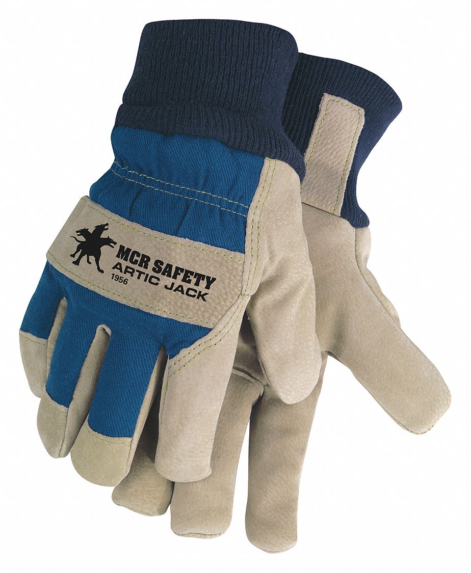 Leather Gloves: L ( 9 ), Premium, Work Glove, Pigskin, Wing Thumb, Knit Cuff, Blue, 12 PK