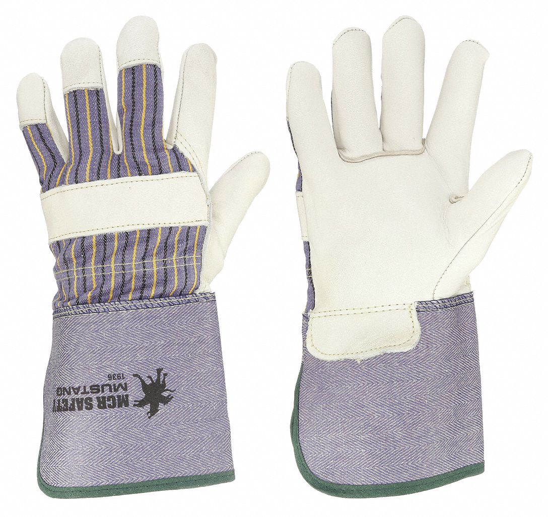 LEATHER GLOVES, M (8) PREMIUM, GAUNTLET CUFF, COTTON FLEECE, WING THUMB, BEIGE, 12 PK