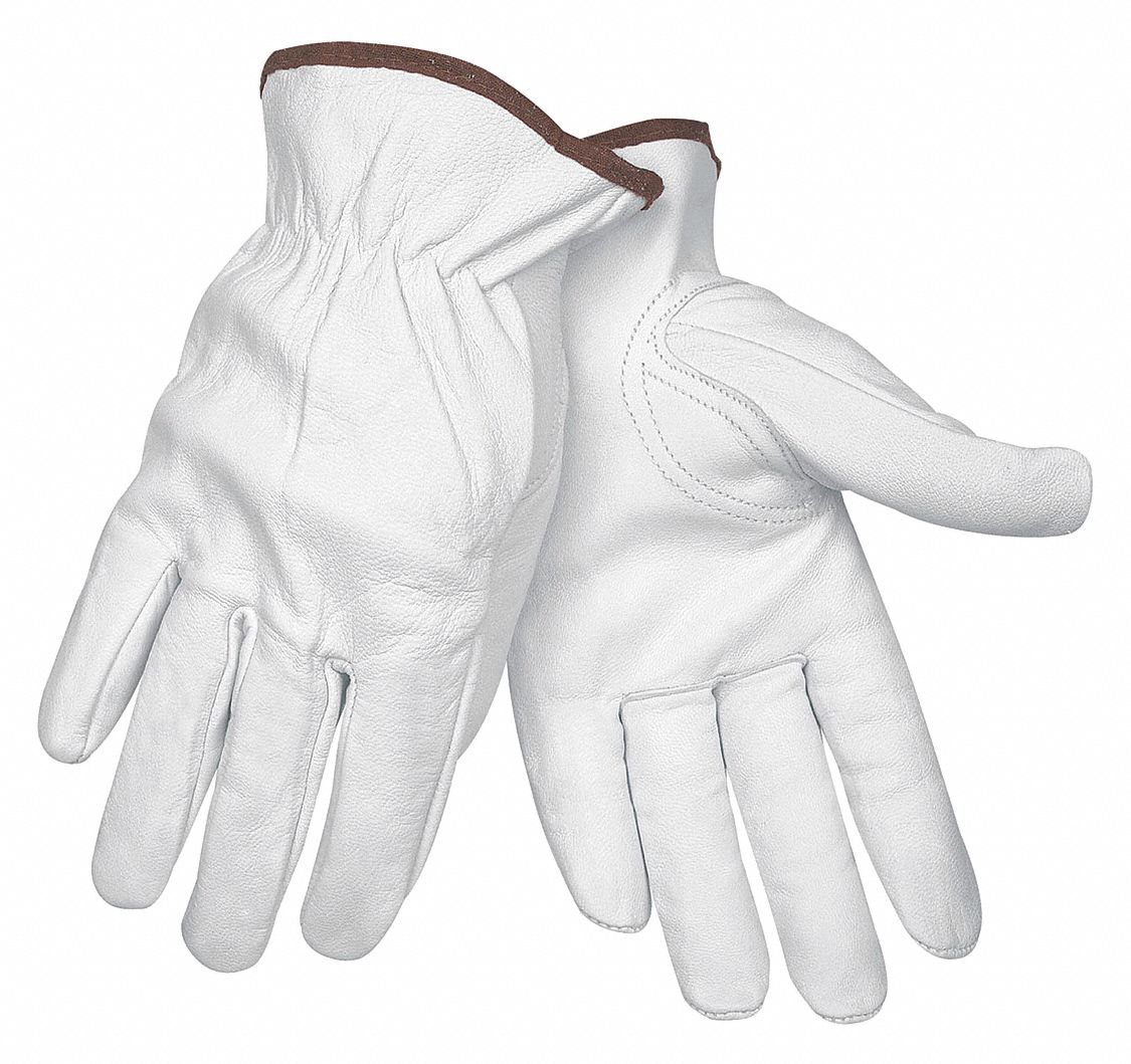 Leather Gloves: 2XL ( 11 ), Goatskin, Premium, Glove, Full Finger, Unlined, White, 12 PK