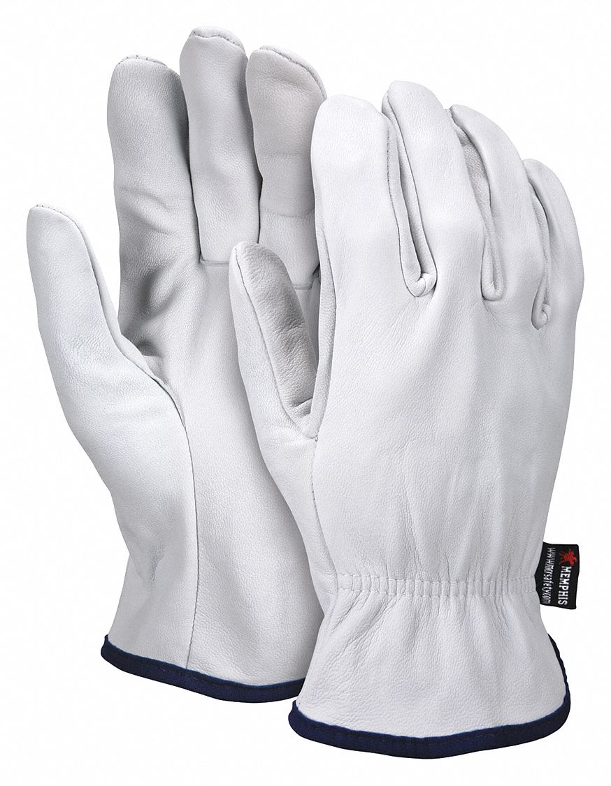 Leather Gloves: 2XL ( 11 ), Goatskin, Premium, Glove, Full Finger, Unlined, White, 12 PK
