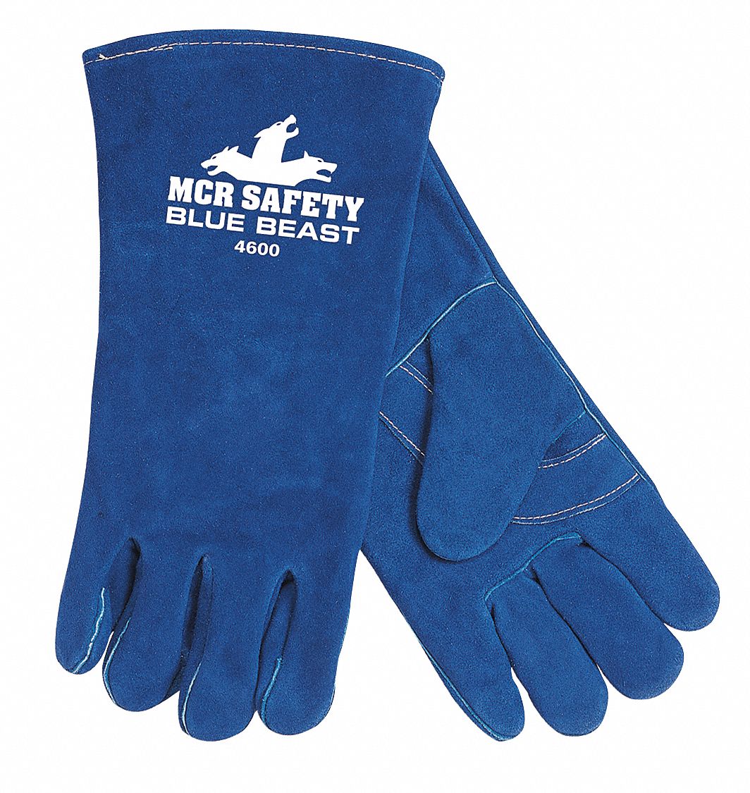 Welding Gloves, Stick, 2XL/11, PK12: Wing Thumb, Gauntlet Cuff, Premium, Blue Cowhide, 12 PK