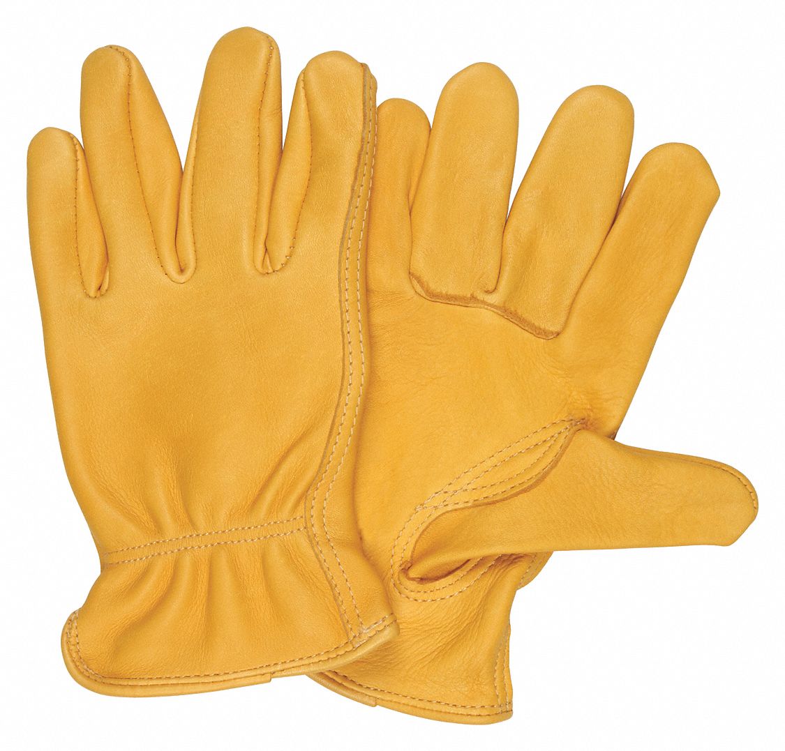 Leather Gloves: L ( 9 ), Deerskin, Std, Glove, Full Finger, Shirred Slip-On Cuff, 12 PK