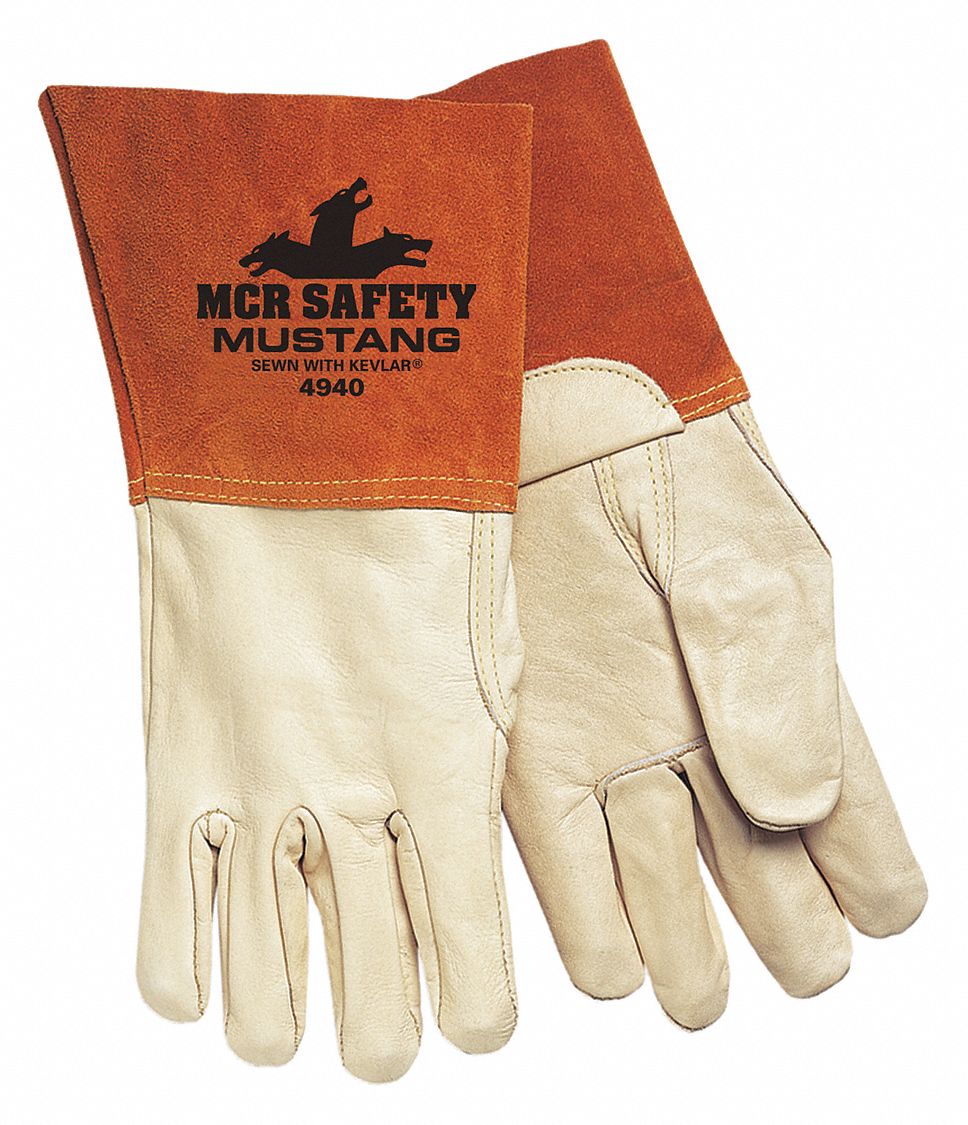 Welding Gloves, MIG, TIG, L/9, PK12: Straight Thumb, Gauntlet Cuff, Premium, Tan Cowhide, 12 PK