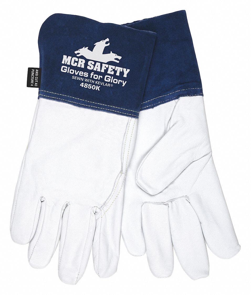 Welding Gloves, MIG, TIG, 2XL/11, PK12: Wing Thumb, Gauntlet Cuff, Premium, White Goatskin, 12 PK