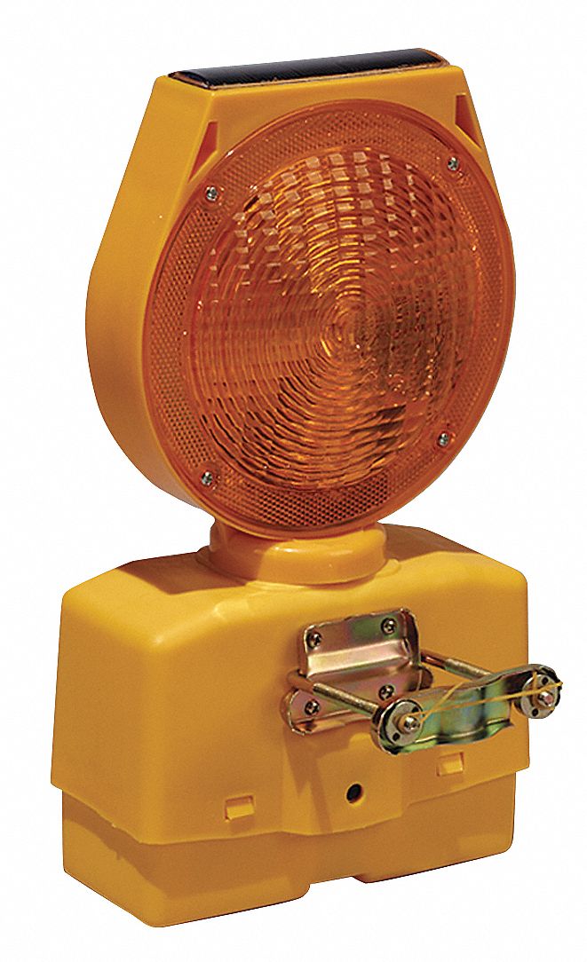 Solar Barricade Light: 15 in Overall Lg, 13 3/8 in Ht, Solar, Yellow, A/C, Dusk-to-Dawn, Amber, LED