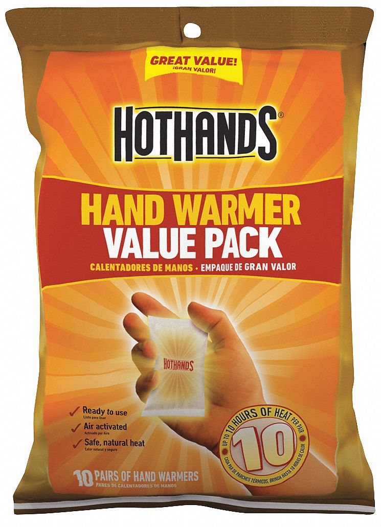Hand Warmer: Hand Warmer, Air-Activated, Up to 10 hr, 15 min to 30 min, 3 1/2 in Lg, 10 PK
