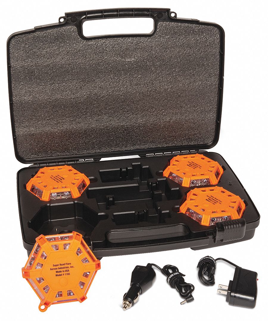 AERVOE Super LED Road Flare Kit with 4 Flares in Charging Case Red LED