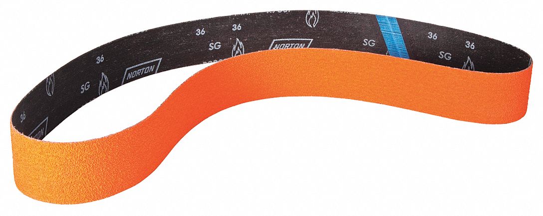 Sanding Belt: 2 1/2 in W x 60 in L, Ceramic, 36 Grit, Y Wt Polyester Backing, 10 PK