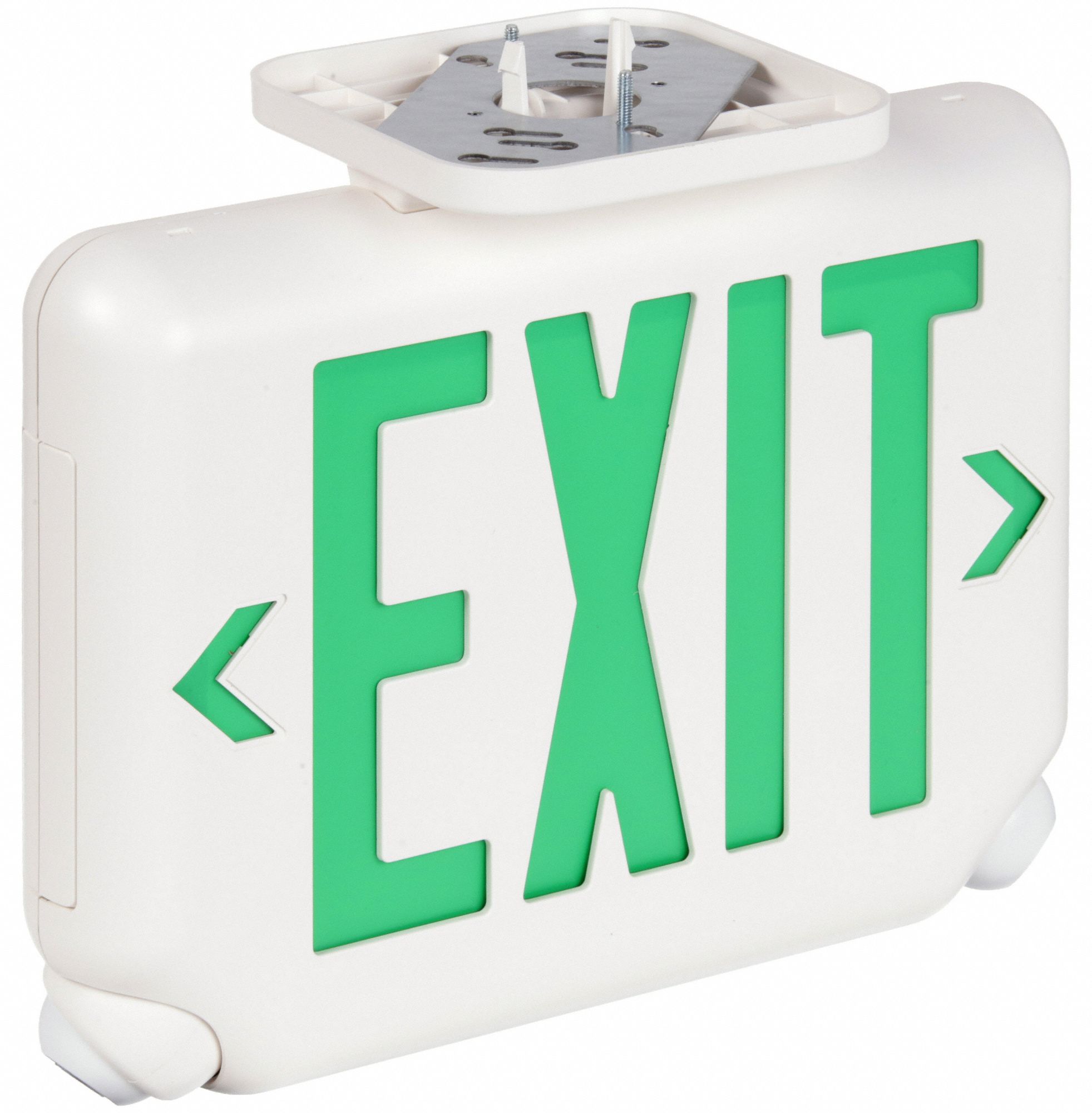 Exit Sign with Emergency Lights: White, 1 or 2 Faces, Green, LED, Ceiling/Wall, Remote Capable