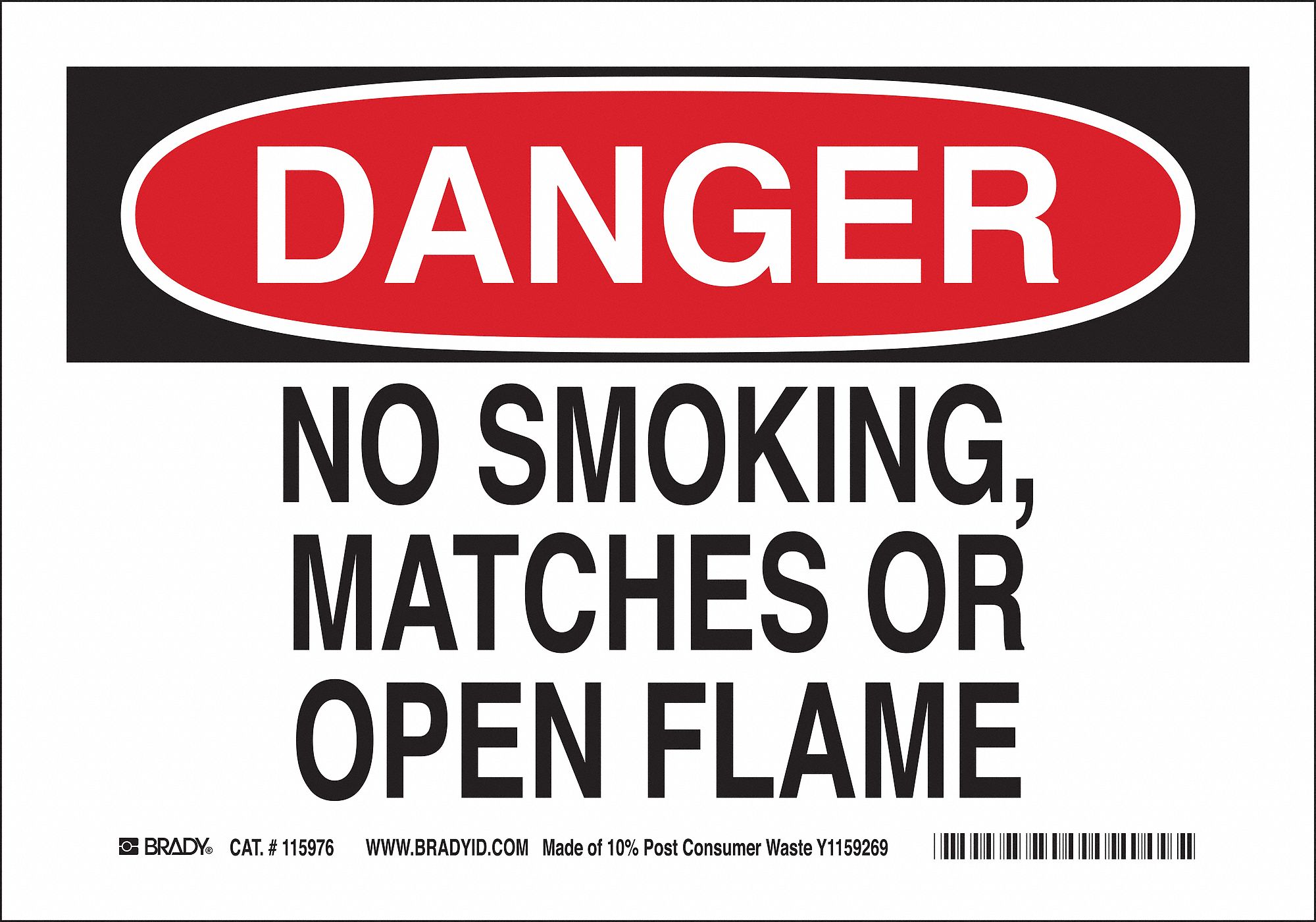 NO SMOKING SIGN, DANGER HEADER, PLASTIC, 7 IN X 10 IN, WITH MOUNTING HOLES, NOT RETROREFLECTIVE