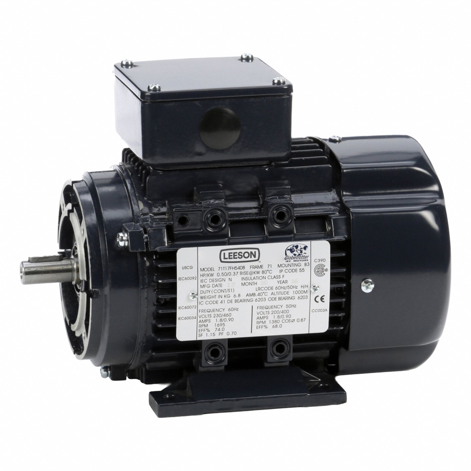 Metric Motor: 1/2 hp, C-Face/Rigid Base Mount, 71 Frame Size, Totally Enclosed Fan Cooled